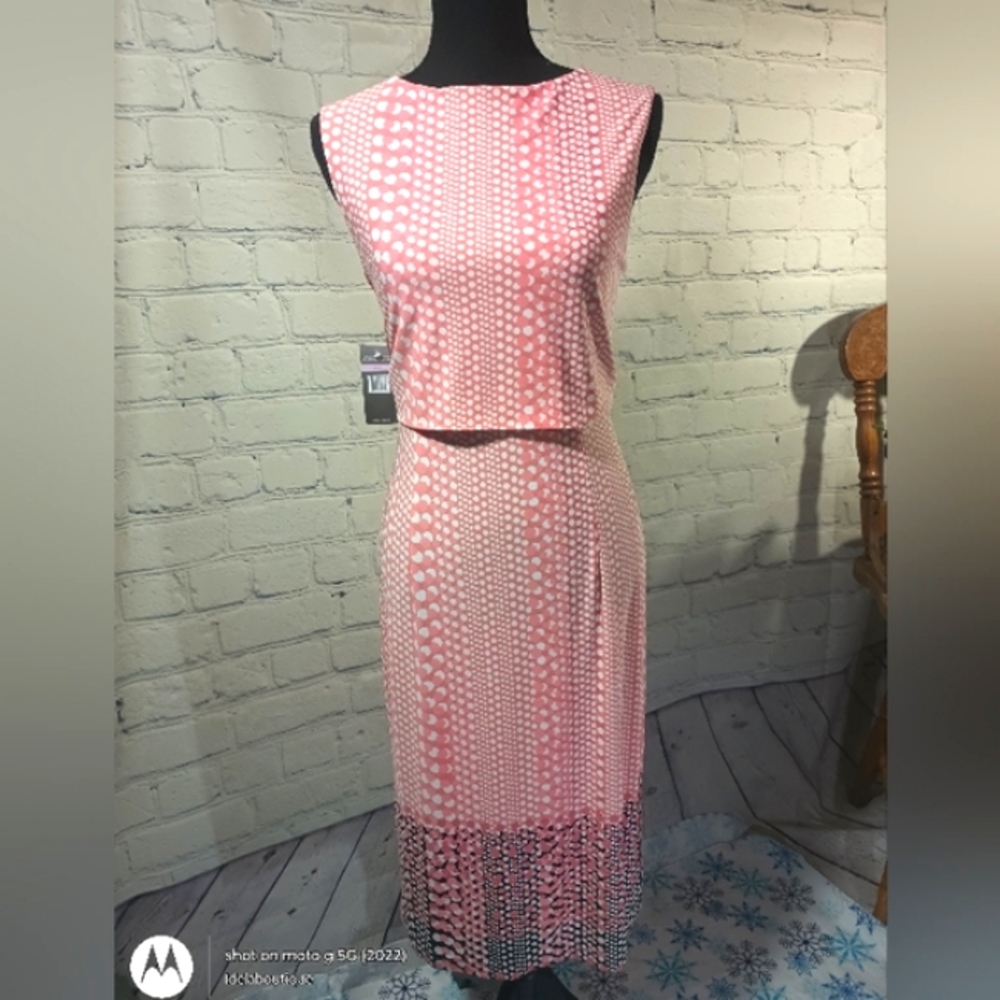 Slvls Polka-Dot Print Midi Sheath Dress Grey Pink Sharagano